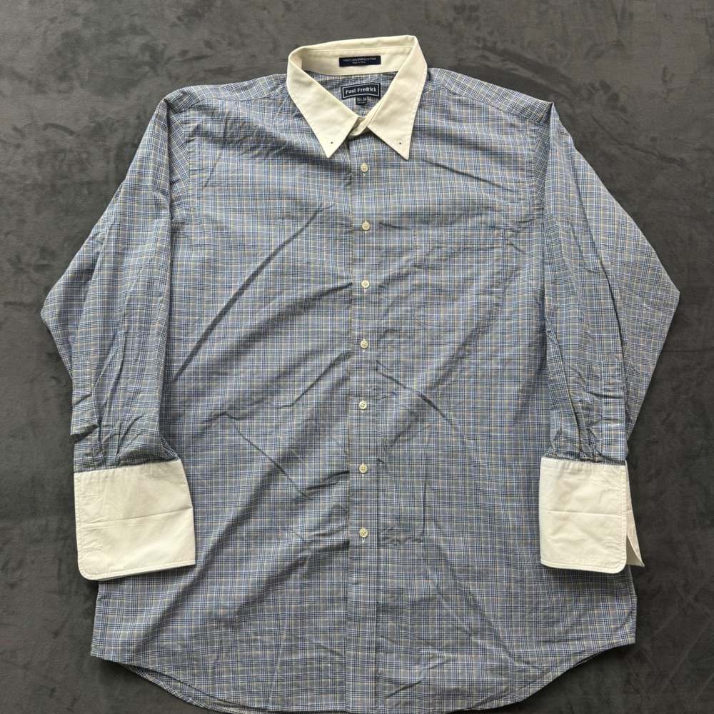 Paul Fredrick Mens 18.5 34 Plaid Cotton French Cuff Pin Collar Dress Shirt Blue - Picture 1 of 8
